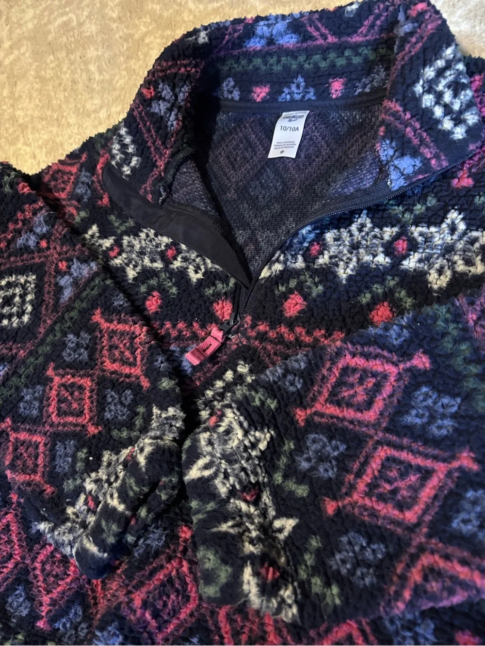 Oshkosh B'gosh - Kids Navy Fair Isle Pattern Fuzzy Sweater Pink White Accents